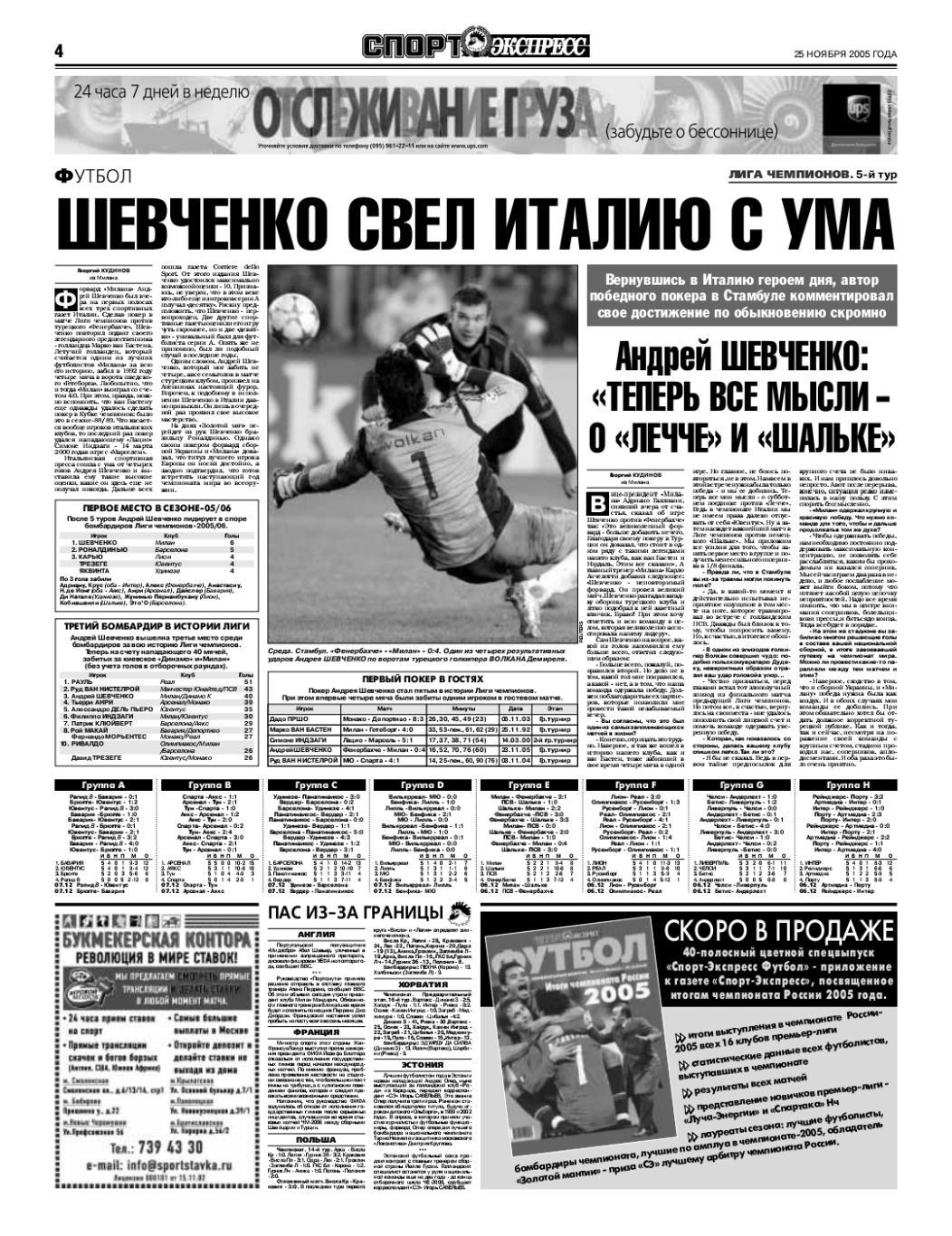 Спорт-экспресс 25.11.2005 ЦСКА-Левски Зенит-Севилья/Локомотив/Старков Спартак 2