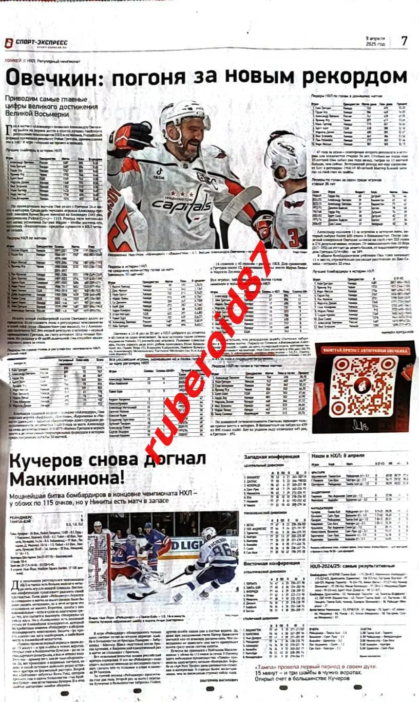 Спорт-экспресс 09.04.2025 Спартак / НХЛ Овечкин 1