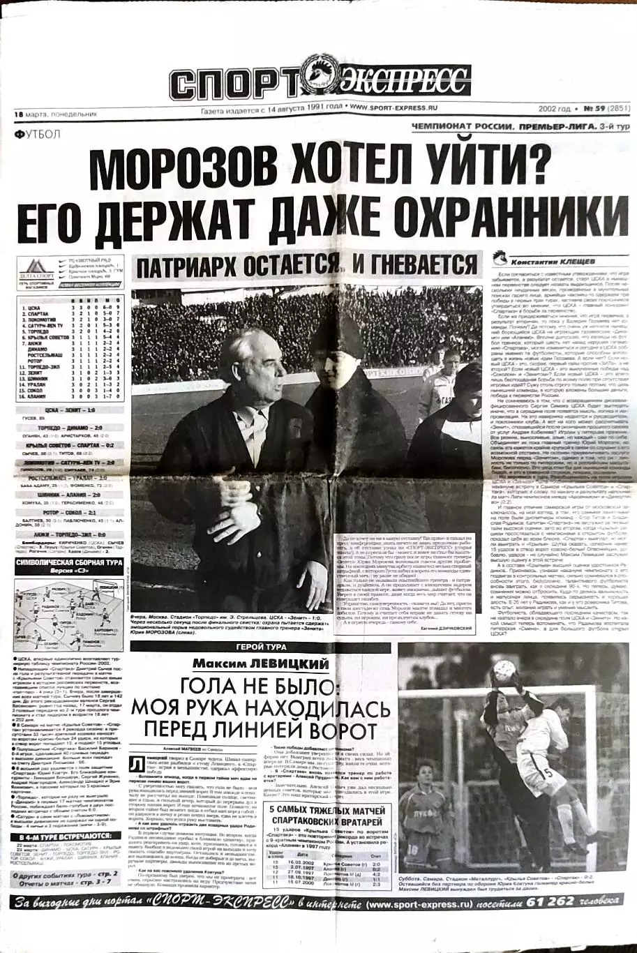 Спорт-экспресс 18.03.2002 Крылья Советов-Спартак/ЦСКА-Зенит/Барселона-Реал