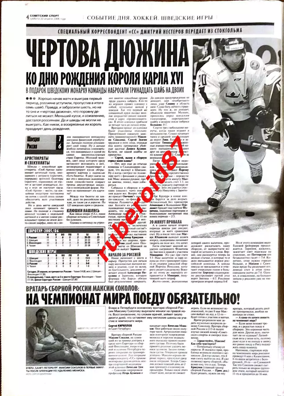Советский спорт 29.04.2006 Зенит-Спартак/Хоккей Россия-Швеция/ЦСКА-Барселона 1