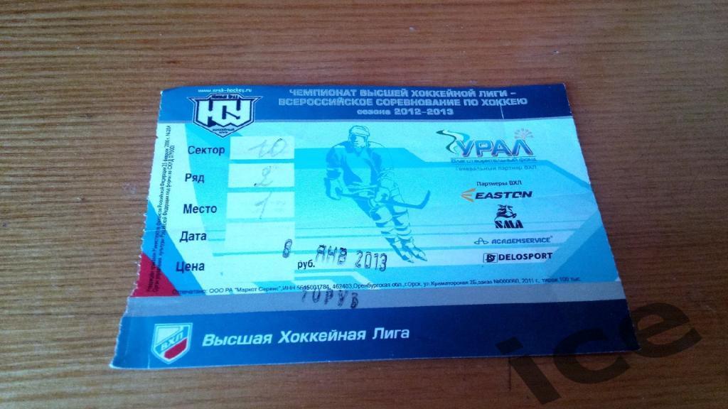 Южный Урал ( Орск ) -..08.01.2013... билет с матча..
