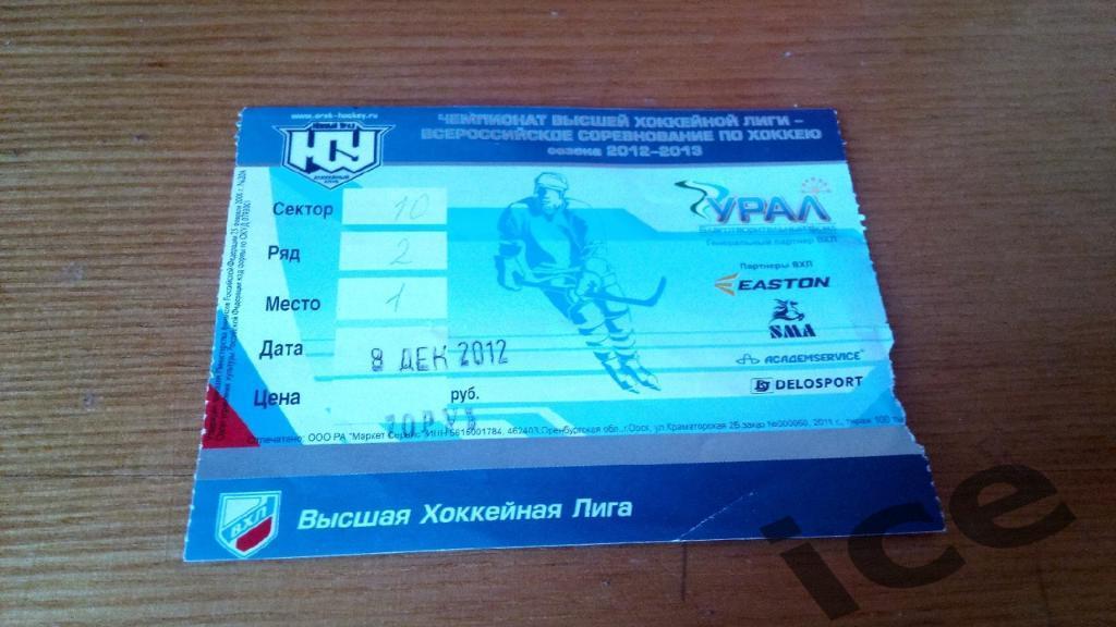 Южный Урал ( Орск ) -..08.12.2012... билет с матча..