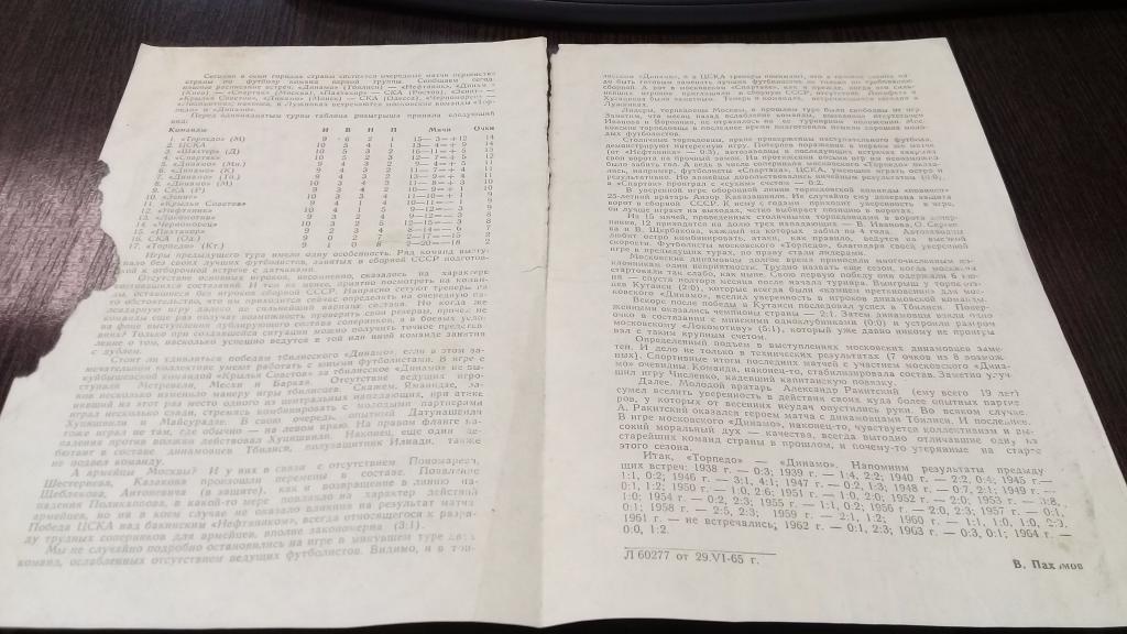 Футбол. Программа Динамо Москва - Торпедо Москва 30.06.1965 1
