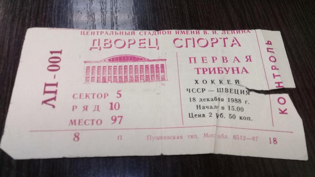 Билет хоккей ЧССР - ШВЕЦИЯ 18.12.1988