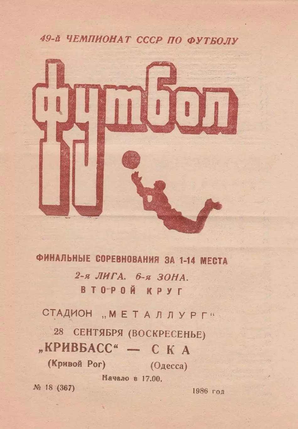 Кривбасс Кривой Рог - СКА Одеса 28.09.1986г.