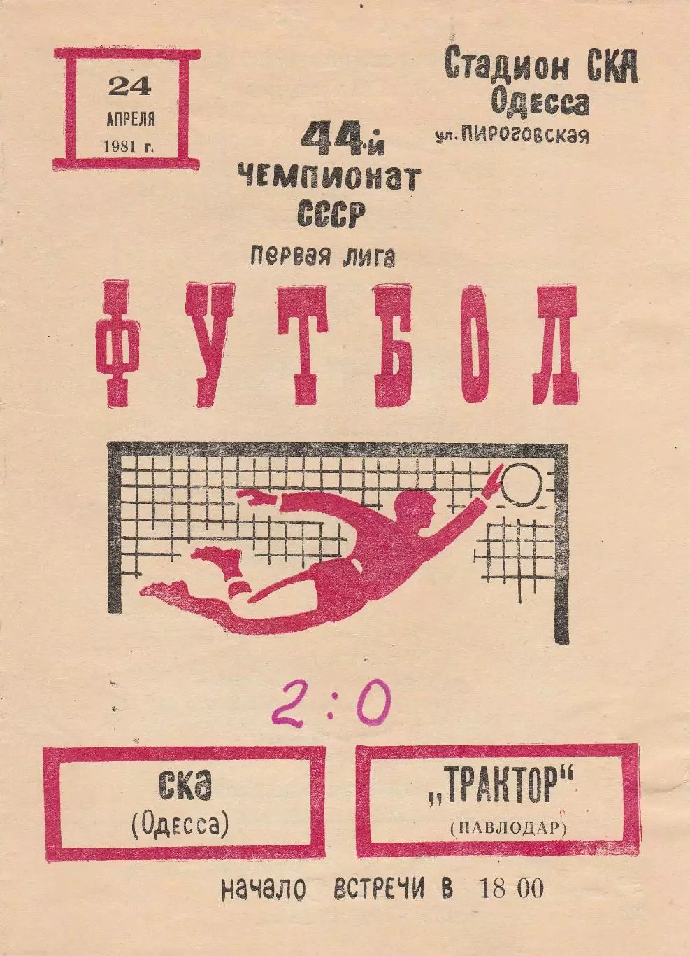 СКА Одесса - Трактор Павлодар 24.04.1981