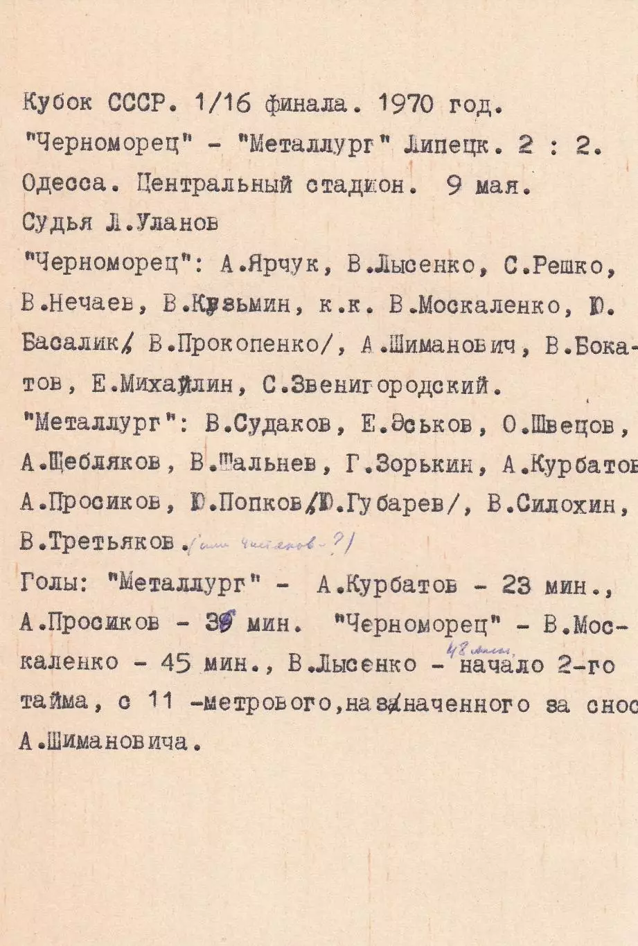 Черноморец Одесса - Металлург Липецк 9.05.1970г. 1/16 Кубка СССР. (с вкладышем). 1