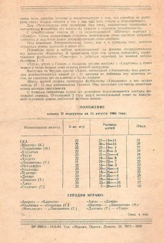 СКА Одесса - Трактор Волгоград 17.08.1964 г. 1