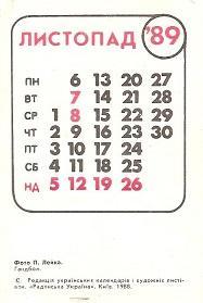 Календарик 1989 г. (ноябрь). Виды спорта: Гандбол. 1