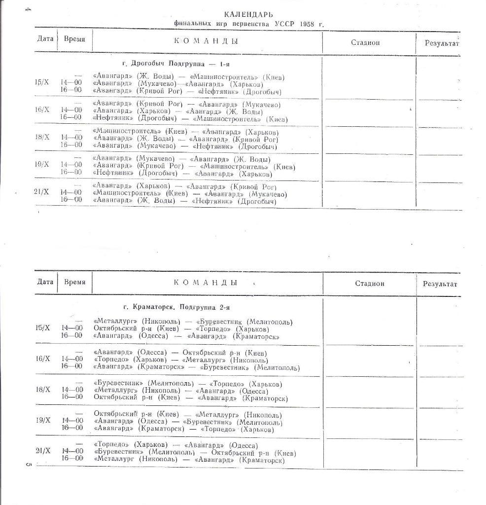 Программа финальных игр XXYIII первенства УССР по футболу. 15-30.10.1958 г. 4