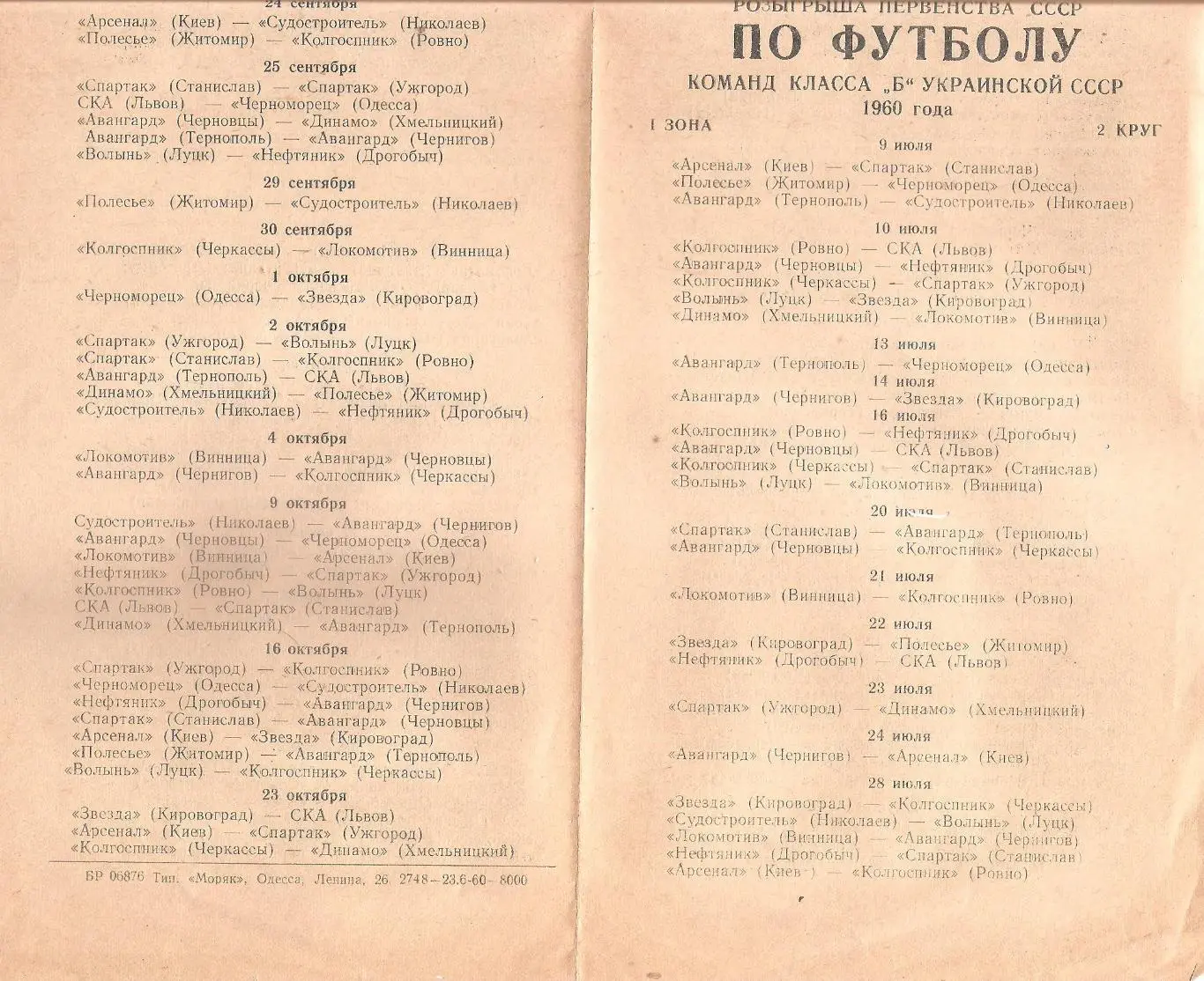 Календарь розыгрыша первенства СССР по футболу команд класса Б УССР 1960 года. 1