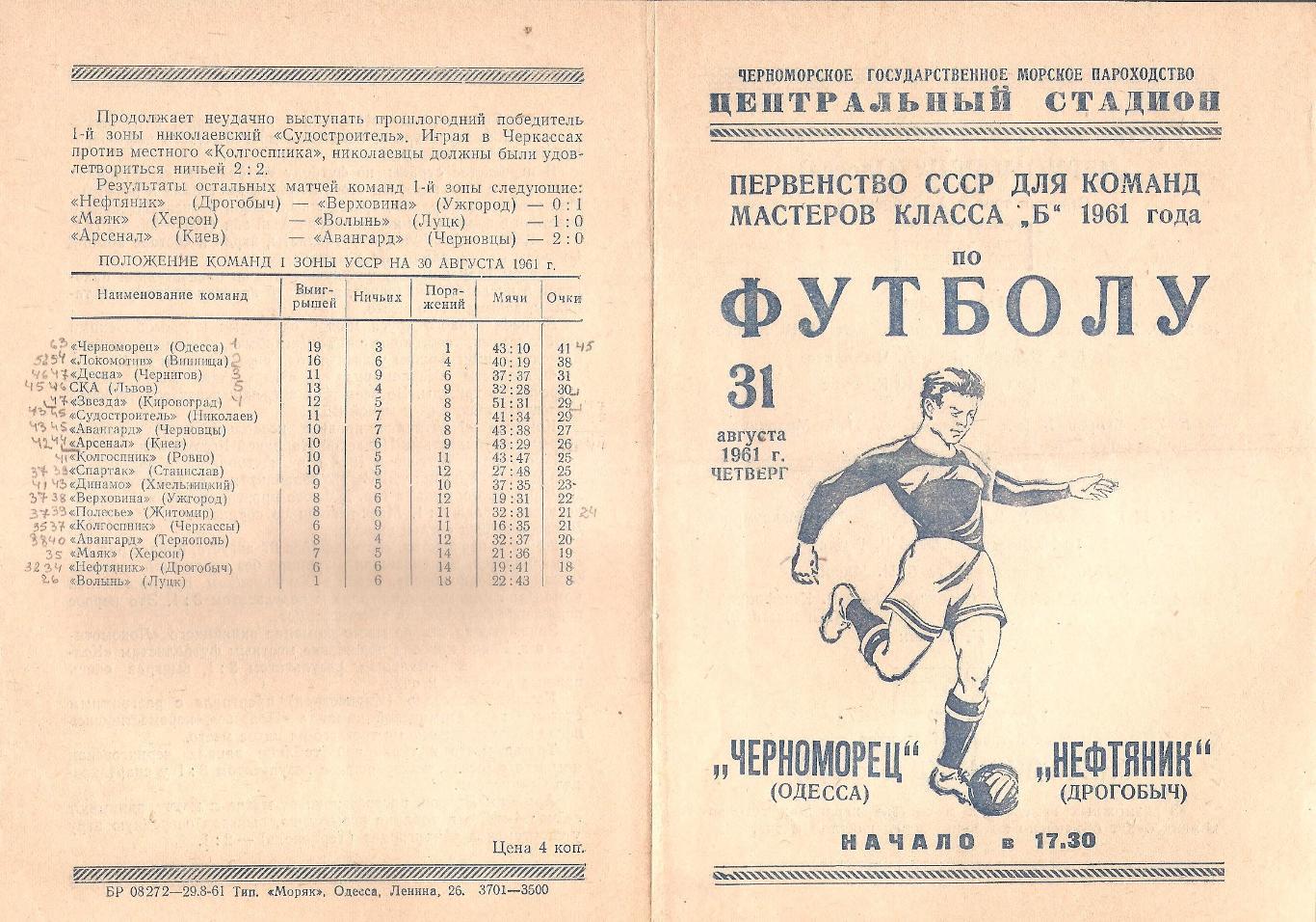 Черноморец Одесса - Нефтяник Дрогобыч 31.08.1961г.