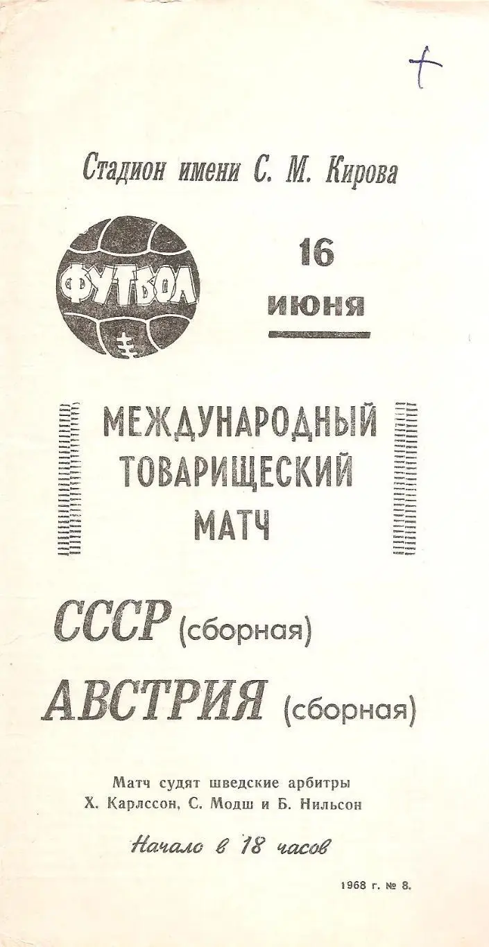 Сборная СССР - Сборная Австрии. 16.06.1968 г.