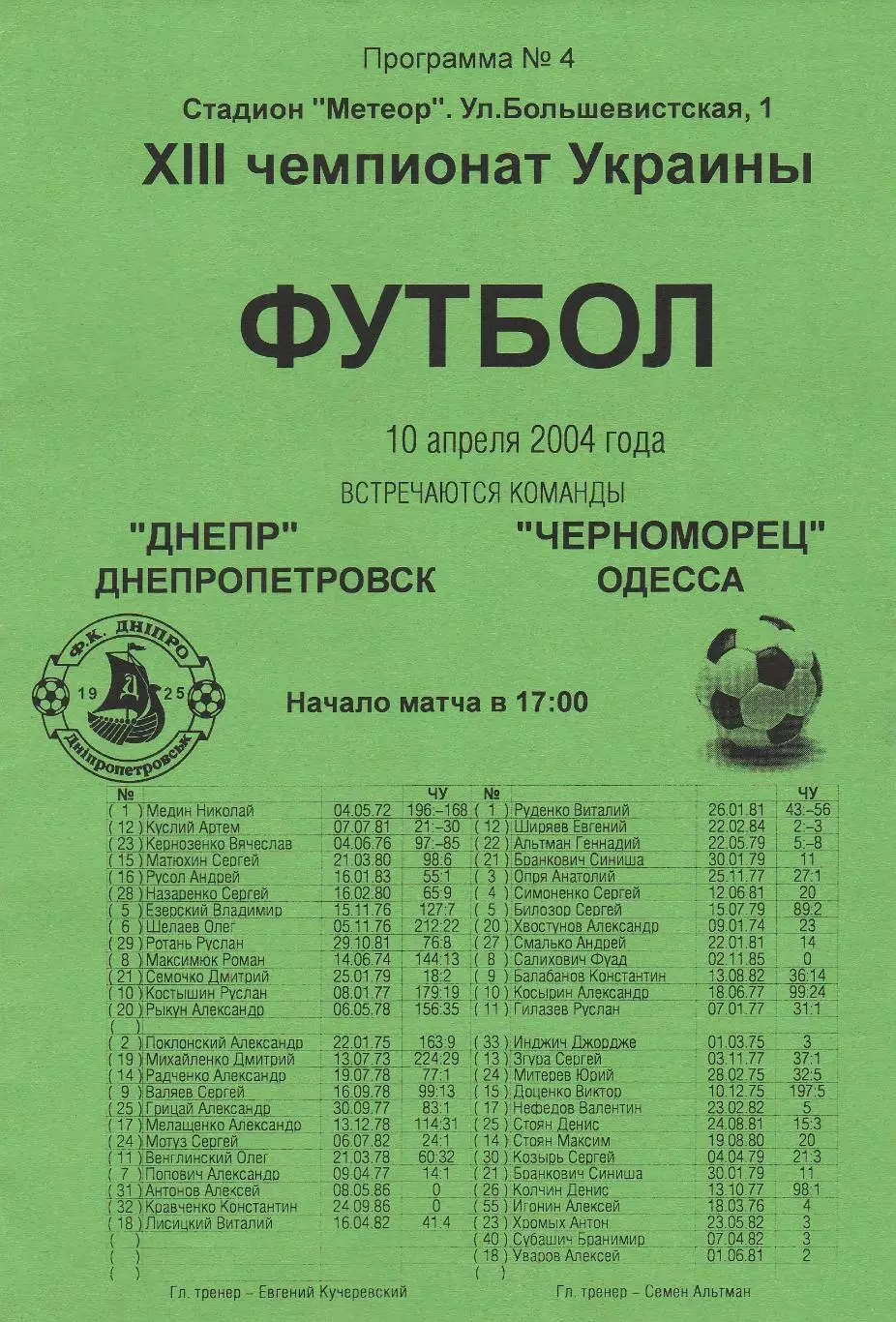 Днепр Днепропетровск - Черноморец Одесса 10.04.2004.