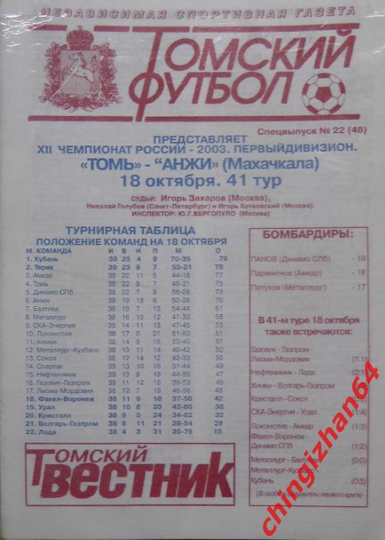 Футбол. Программа -2003.Томь – Анжи/Махачкала (18 октября)