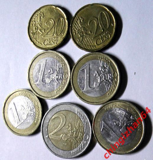 Монеты. Евроценты, Евро. Набор 7 монет, 2002-08(без повтора)