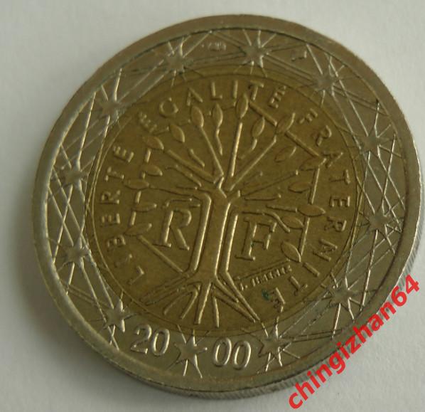 Монета. 2Евро, 2000 год (Франция) Изображение дерева. монетный двор Пессак.