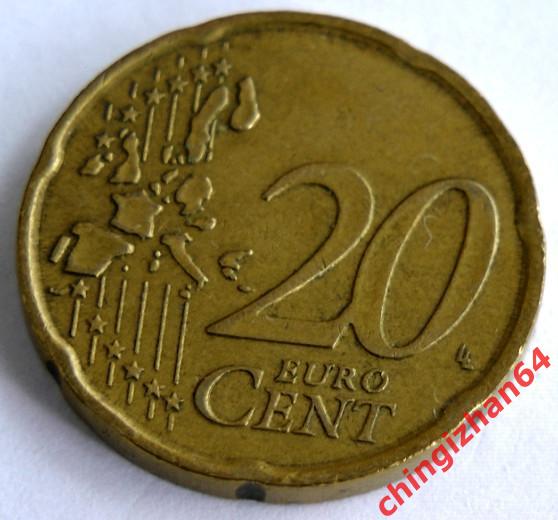 Монета. Италия. 20 Евроцентов, 2002 год, (МАК), погодовка, из оборота 1