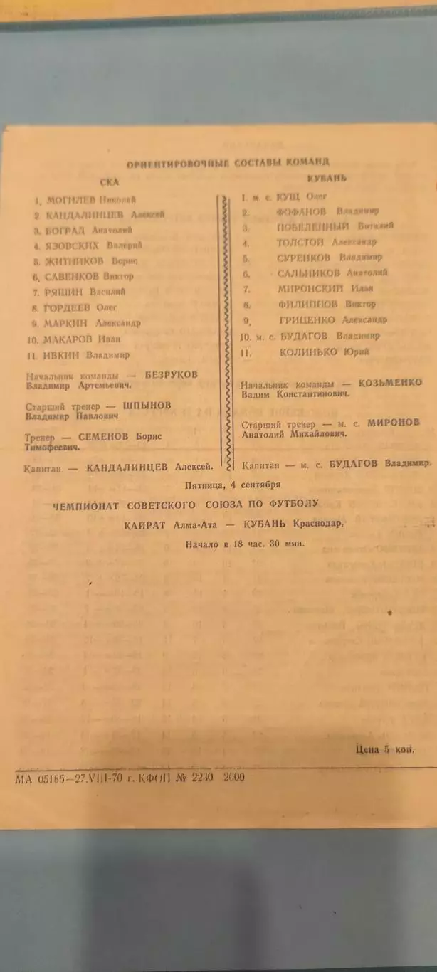 31.08.1970г. - Кубань (Краснодар) - СКА (Хабаровск) 1