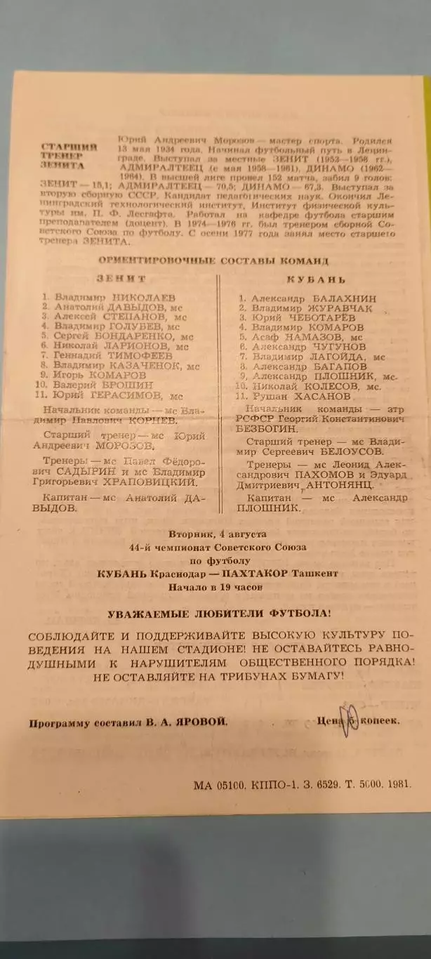 11.07.1981г. - Кубань (Краснодар) - Зенит (Ленинград / Санкт-Петербург) 1