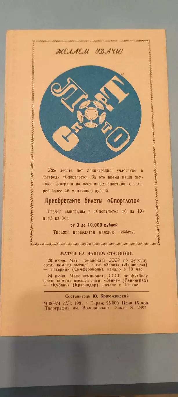 06.06.1981г. - Зенит (Ленинград / Санкт-Петербург) - Динамо (Киев) 1