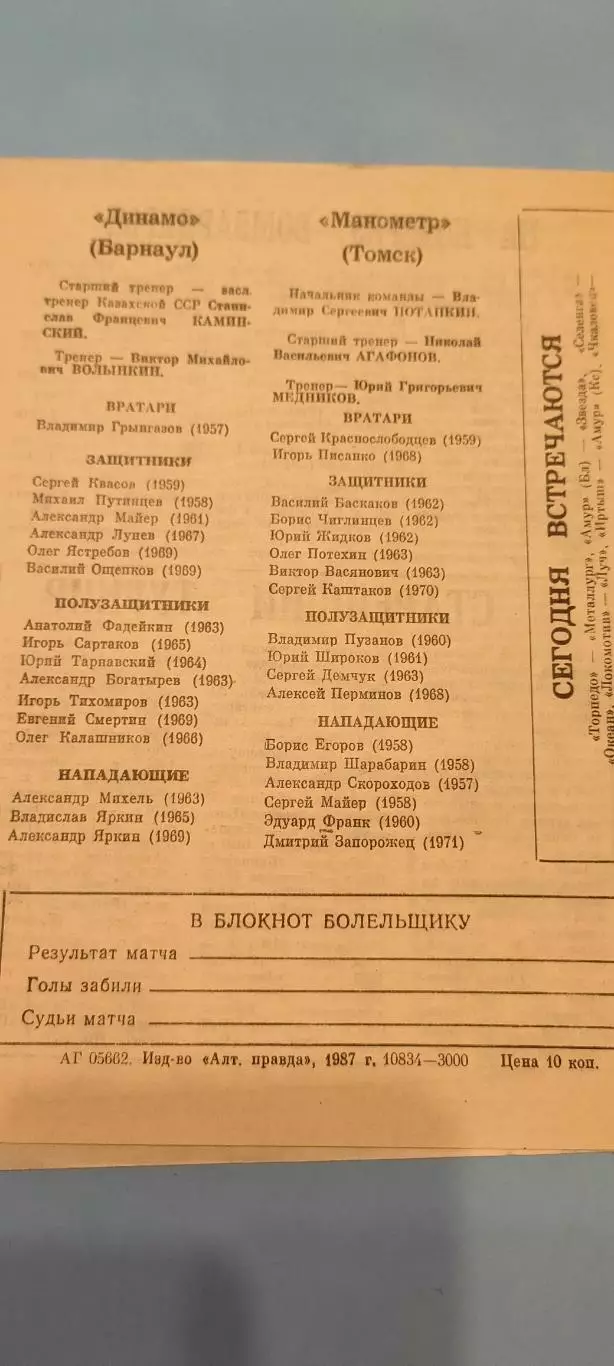 05.05.1987г. - Динамо (Барнаул) - Селенга (Улан-Удэ) 1