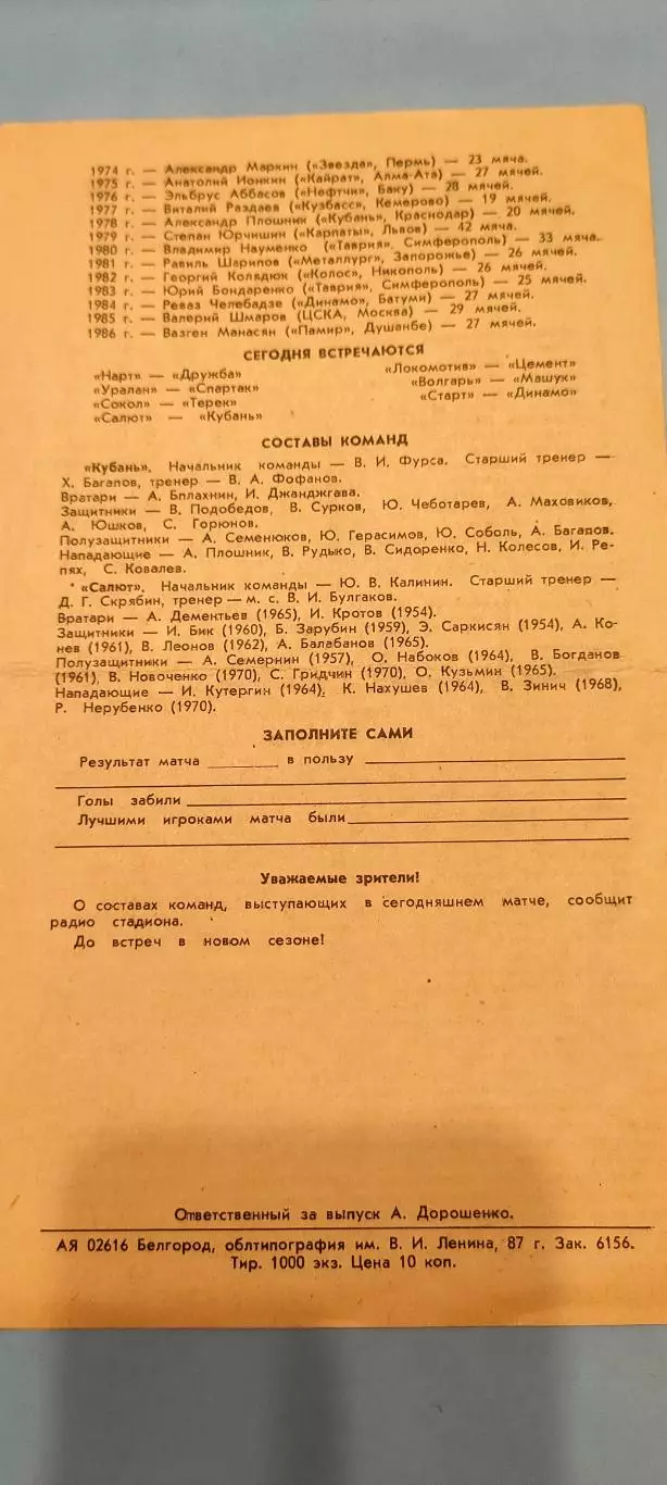 16.10.1987г. - Салют (Белгород) - Кубань (Краснодар) 1