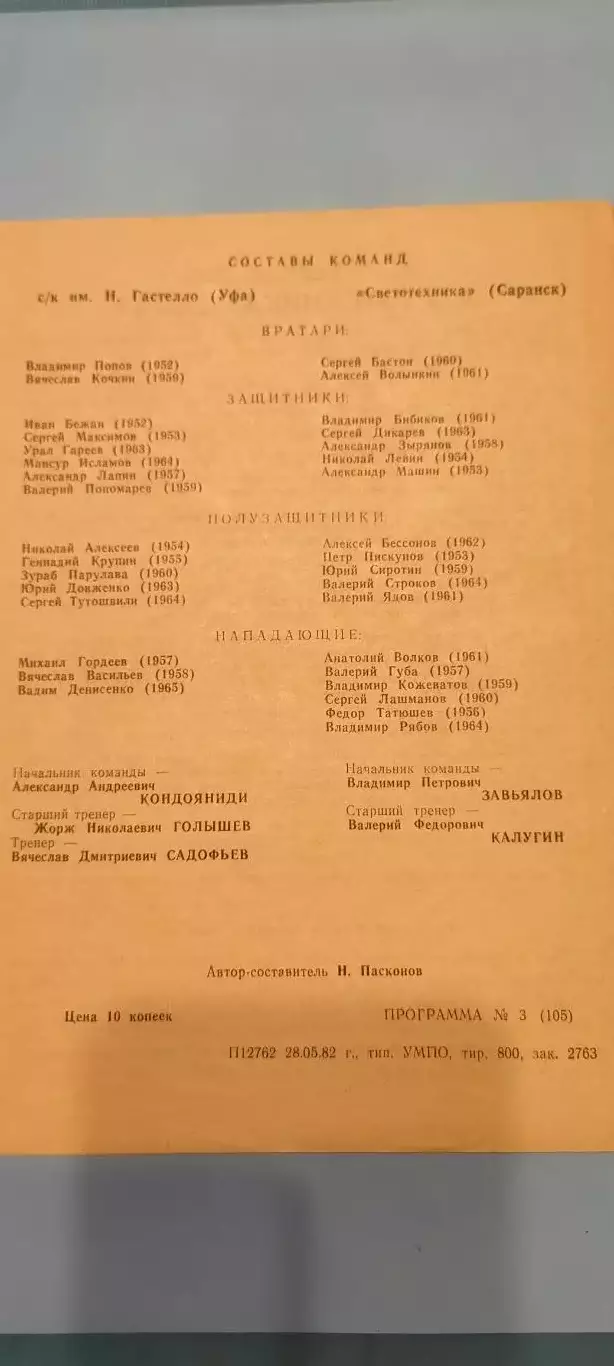 06.06.1982г. - С/к им. Н.Гастелло (Уфа) - Светотехника (Саранск) 1