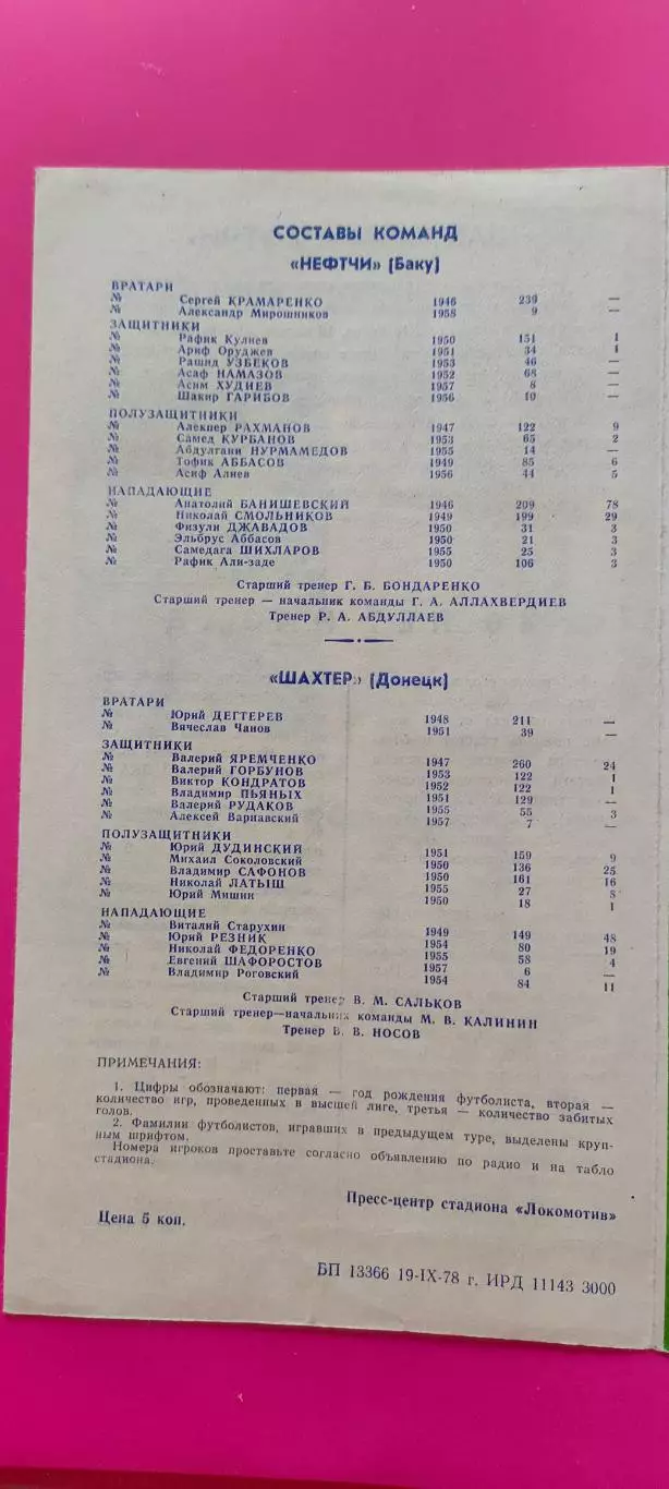 23.09.1978г. - Шахтер (Донецк) - Нефтчи (Баку). Зелёная. 2