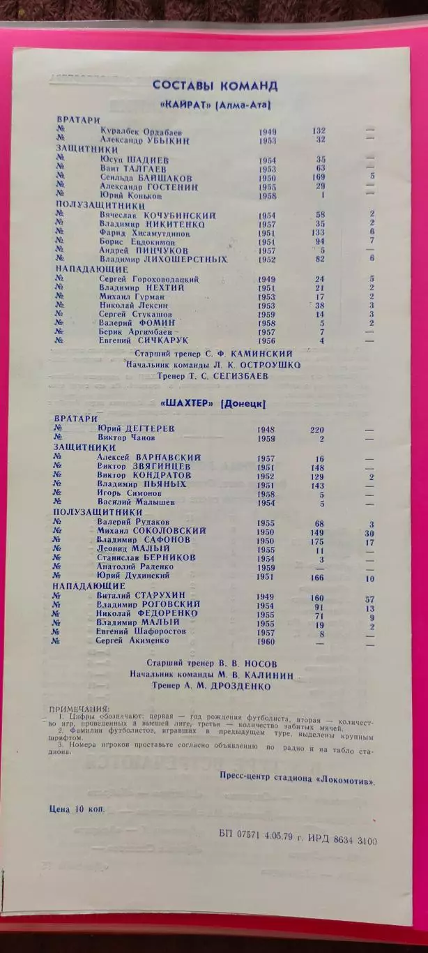 19.05.1979. - Шахтер (Донецк) - Кайрат (Алма-Ата) 1