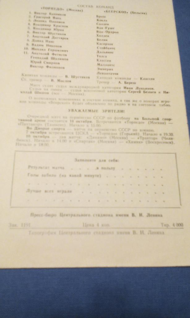 Торпедо Москва - Беерскот Бельгия 1971 Товарищеский матч 1