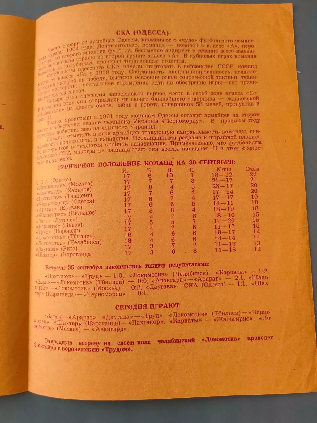 30.09.1964г. - Локомотив (Челябинск) - СКА (Одесса). Тир. 1000 3