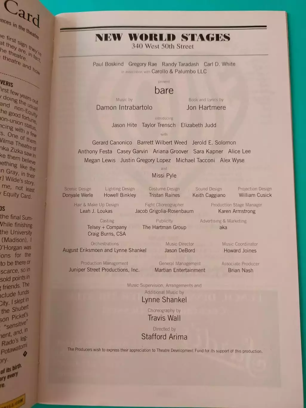 Театральная программка - New World Stage - BARE - январь 2013г. 1