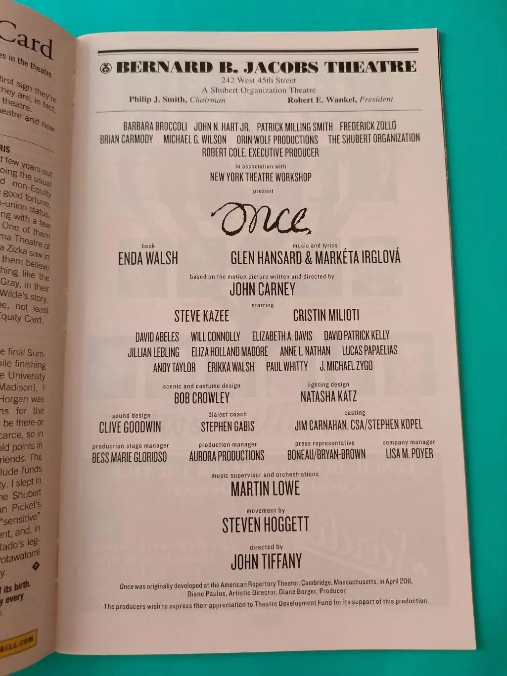 Театральная программка - BERNARD B. JACOBS THEATRE - ONCE - январь 2013г. 1