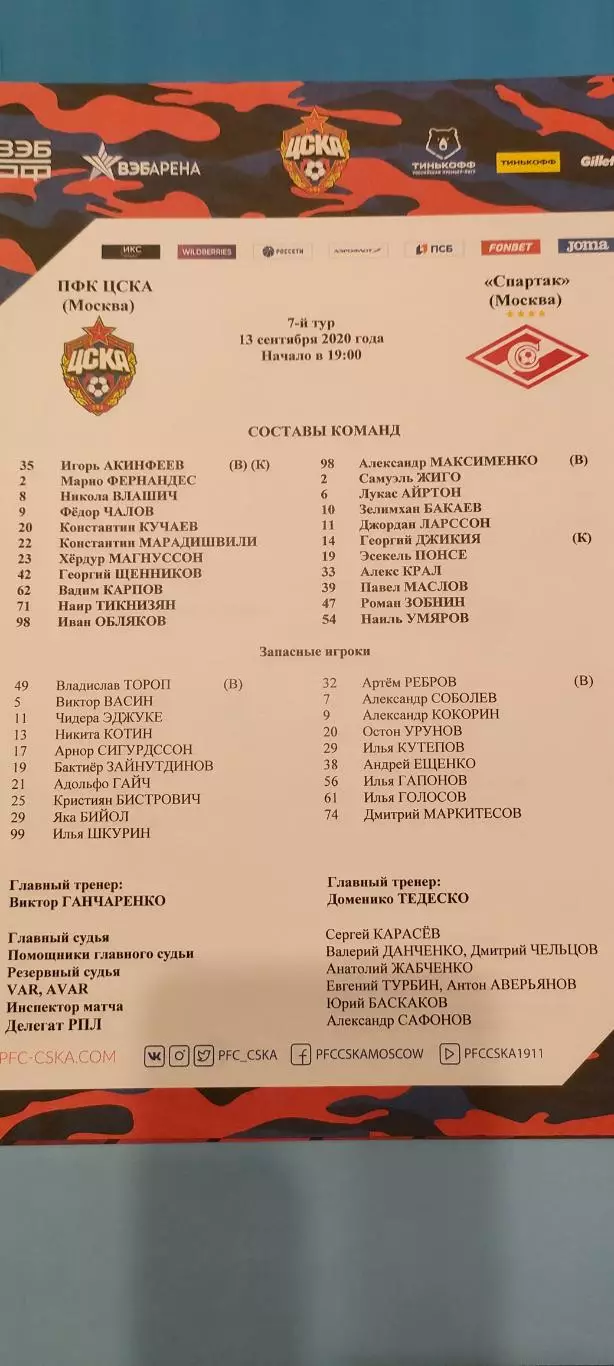 13.09.2020г. - ЦСКА - Спартак (Москва). Стартовый протокол.