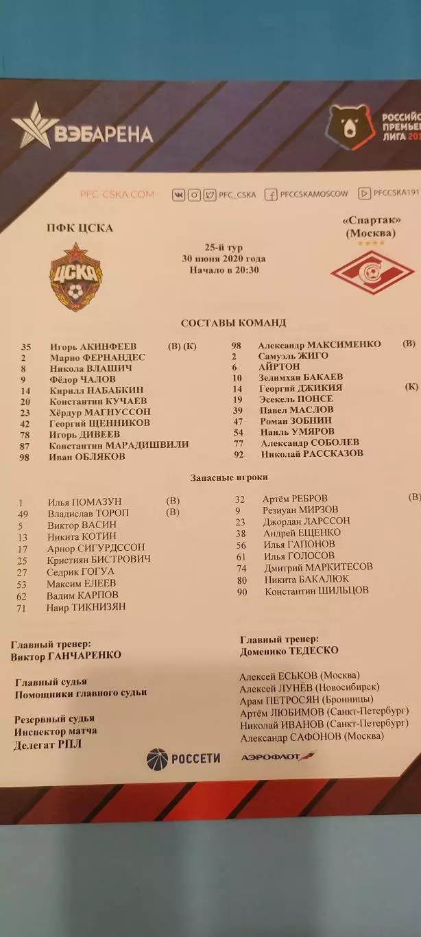 30.06.2020г. - ЦСКА - Спартак (Москва). Стартовый протокол.
