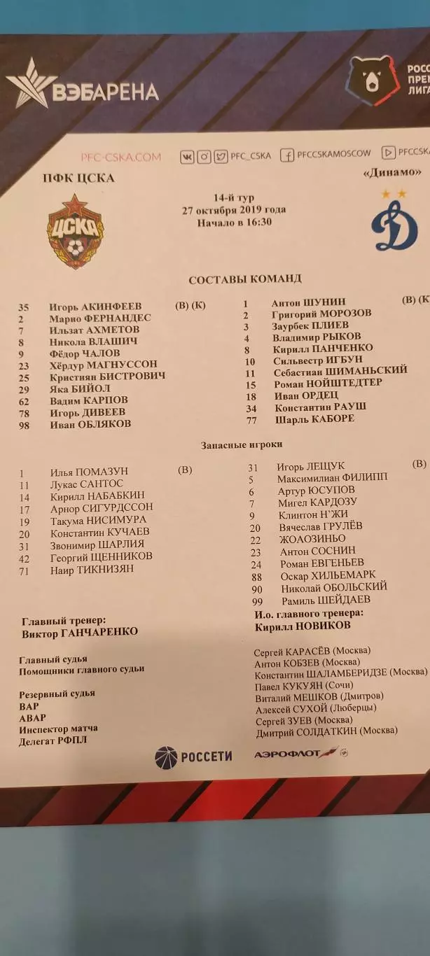 27.10.2020г. - ЦСКА - Динамо (Москва). Стартовый протокол.