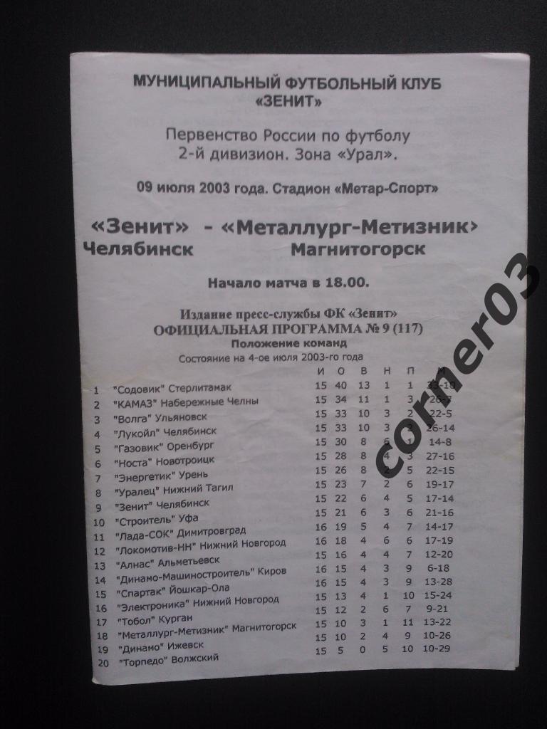 Зенит Челябинск - Металлург-Метизник Магнитогорск 2003