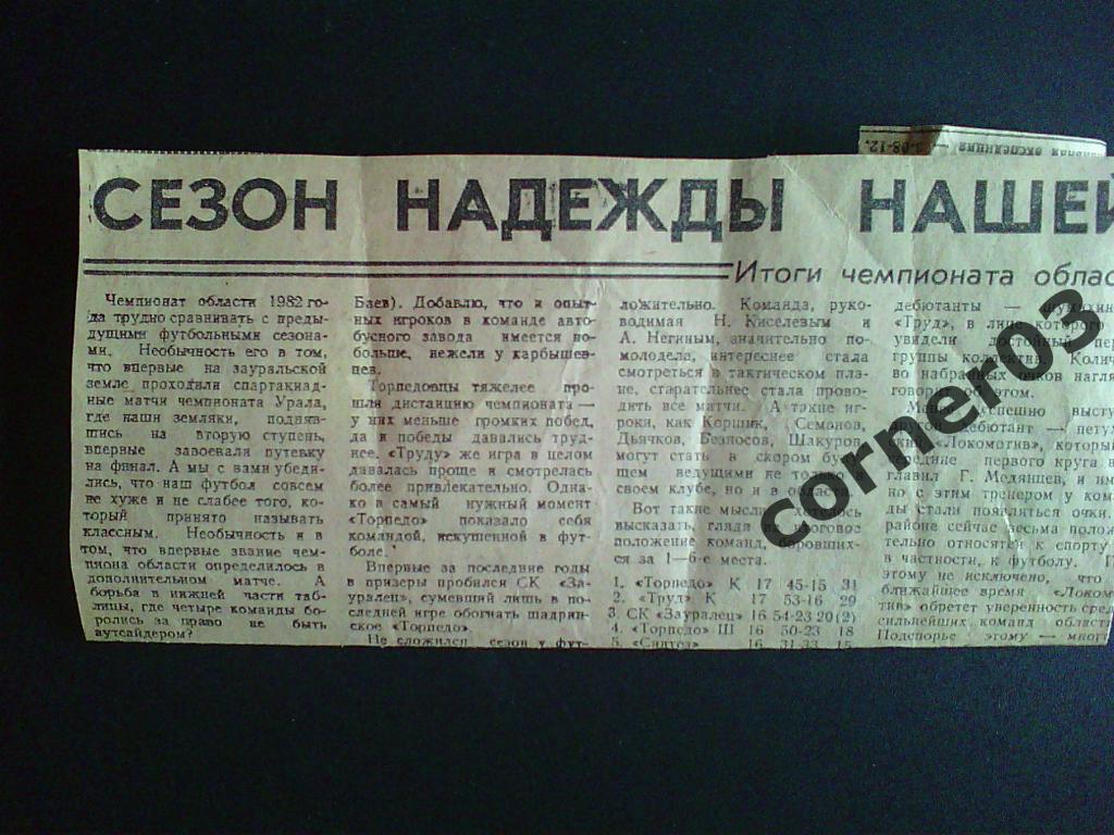 Итоги чемпионата Курганской области 1982 год.