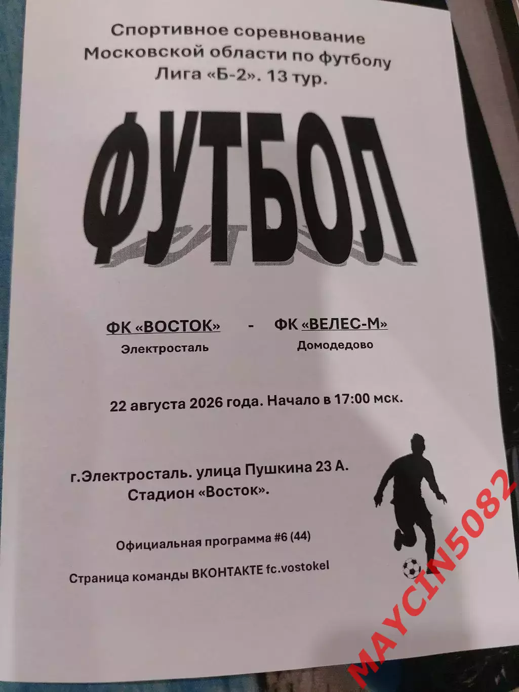 Превью. ФК Восток (Электросталь) - ФК Велес-М (Домодедово) 22.08.2026