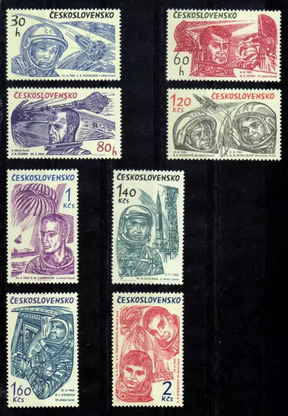 Марки, Чехословакия, Космос, Космонавты мира 1961 - 1963 года. 1