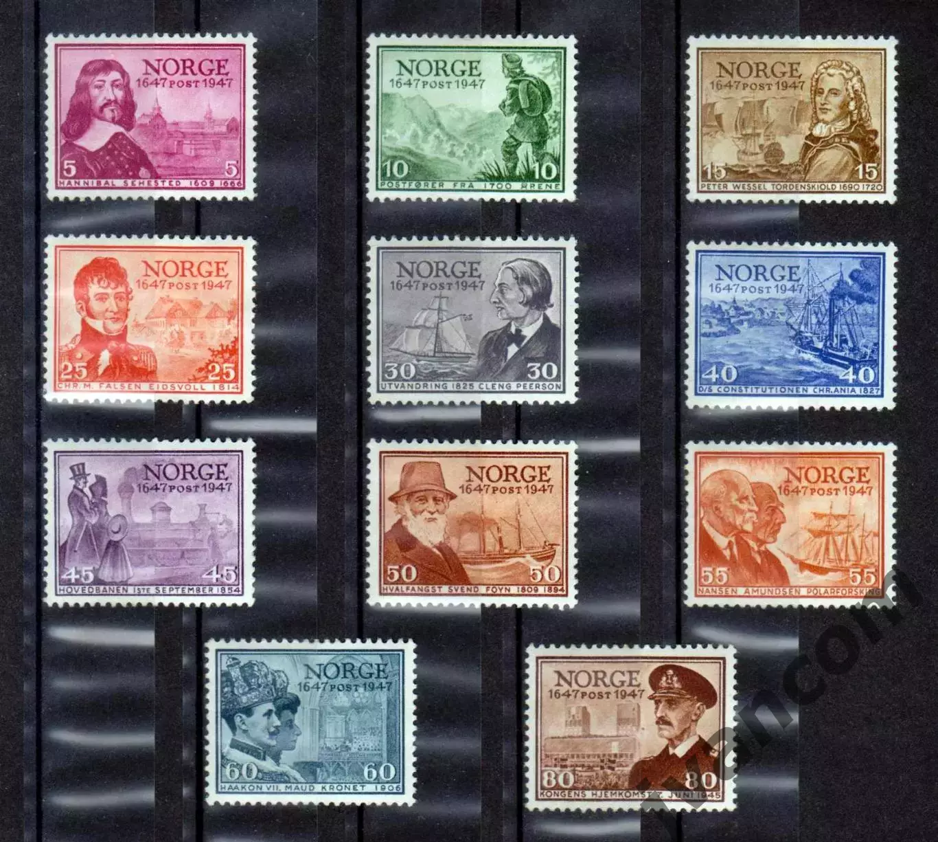 Марки, Норвегия, 300 лет норвежской почтовой службе. 1947 год.