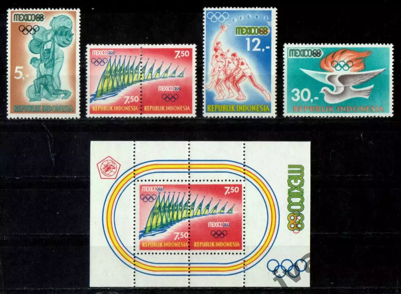 Марки, Индонезия, Летние Олимпийские Игры 1968 года в Мехико.