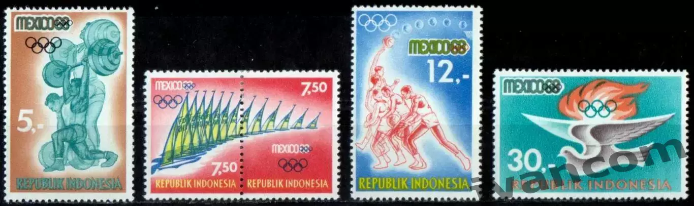 Марки, Индонезия, Летние Олимпийские Игры 1968 года в Мехико. 3