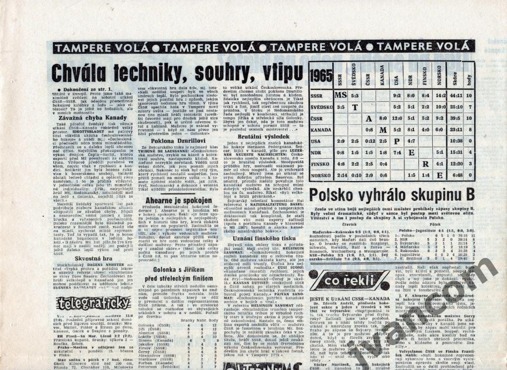 Газета Чехословенски Спорт, 1965 год, №61 от 13 марта, Чемпионат Мира по хоккею 1