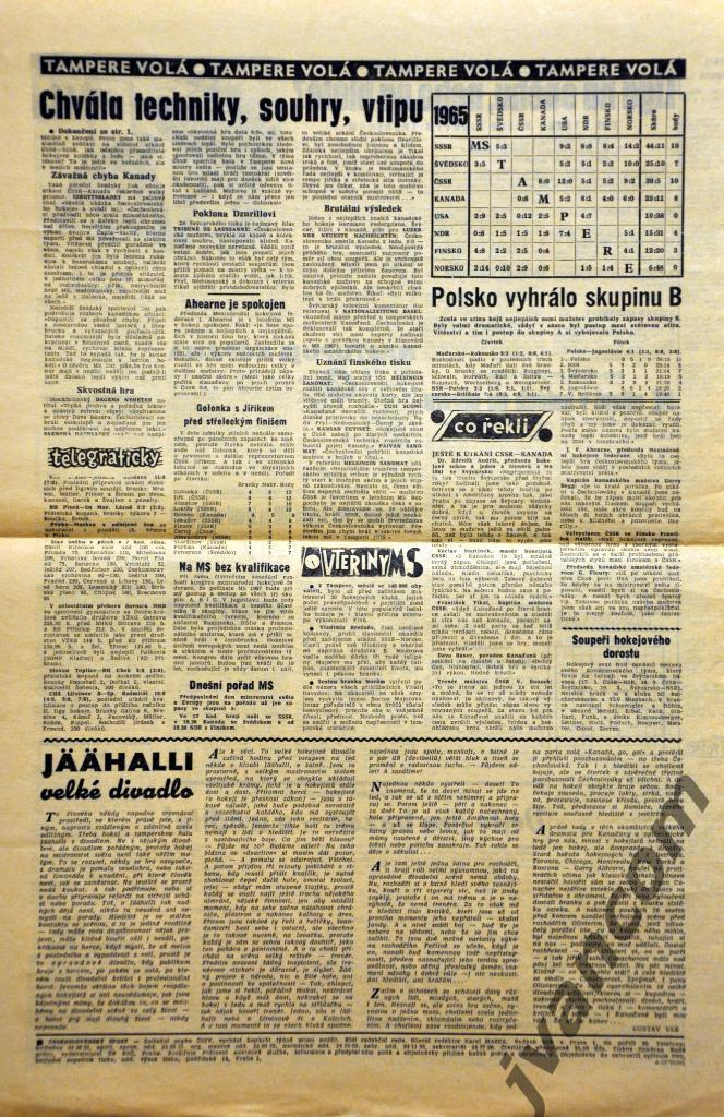Газета Чехословенски Спорт, 1965 год, №61 от 13 марта, Чемпионат Мира по хоккею 3