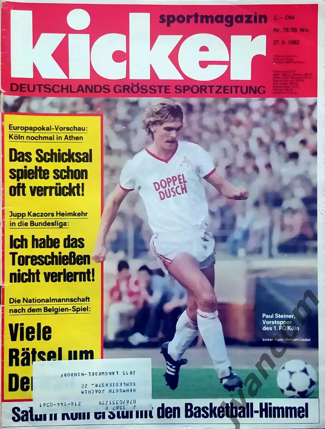 KICKER SPORTMAGAZIN №78/39 за 1982 год. Футбол, Бундеслига, Гандбол и Атлетика