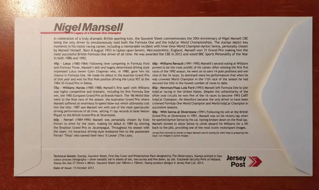 Джерси. 2013 год. КПД Легенды Формулы 1 - Найджел Менсел 1