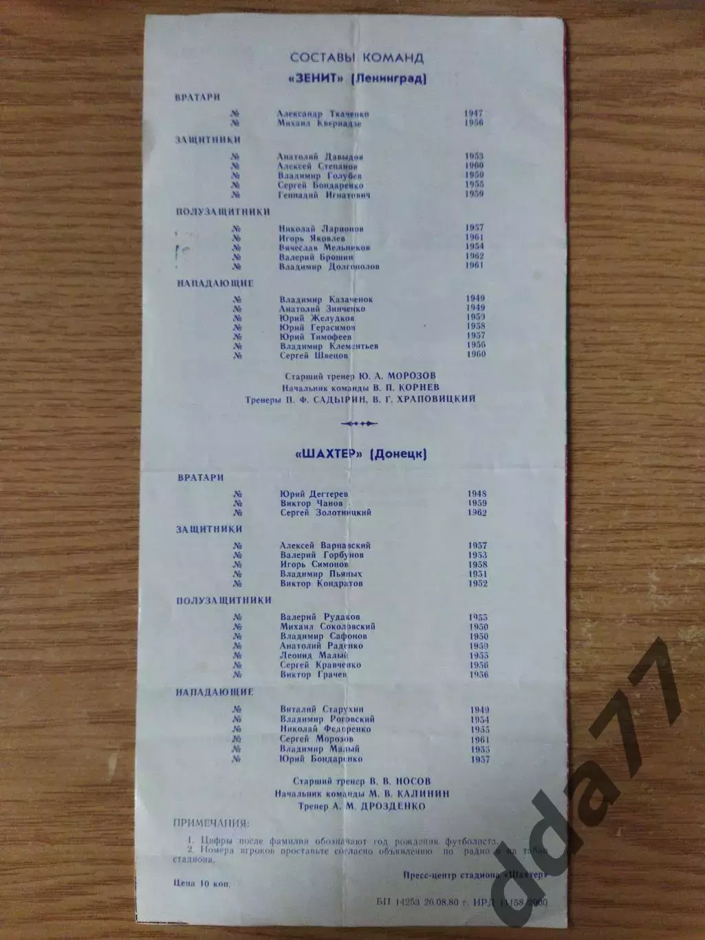 Шахтер Донецк- Зенит Ленинград 31.08.1980 1