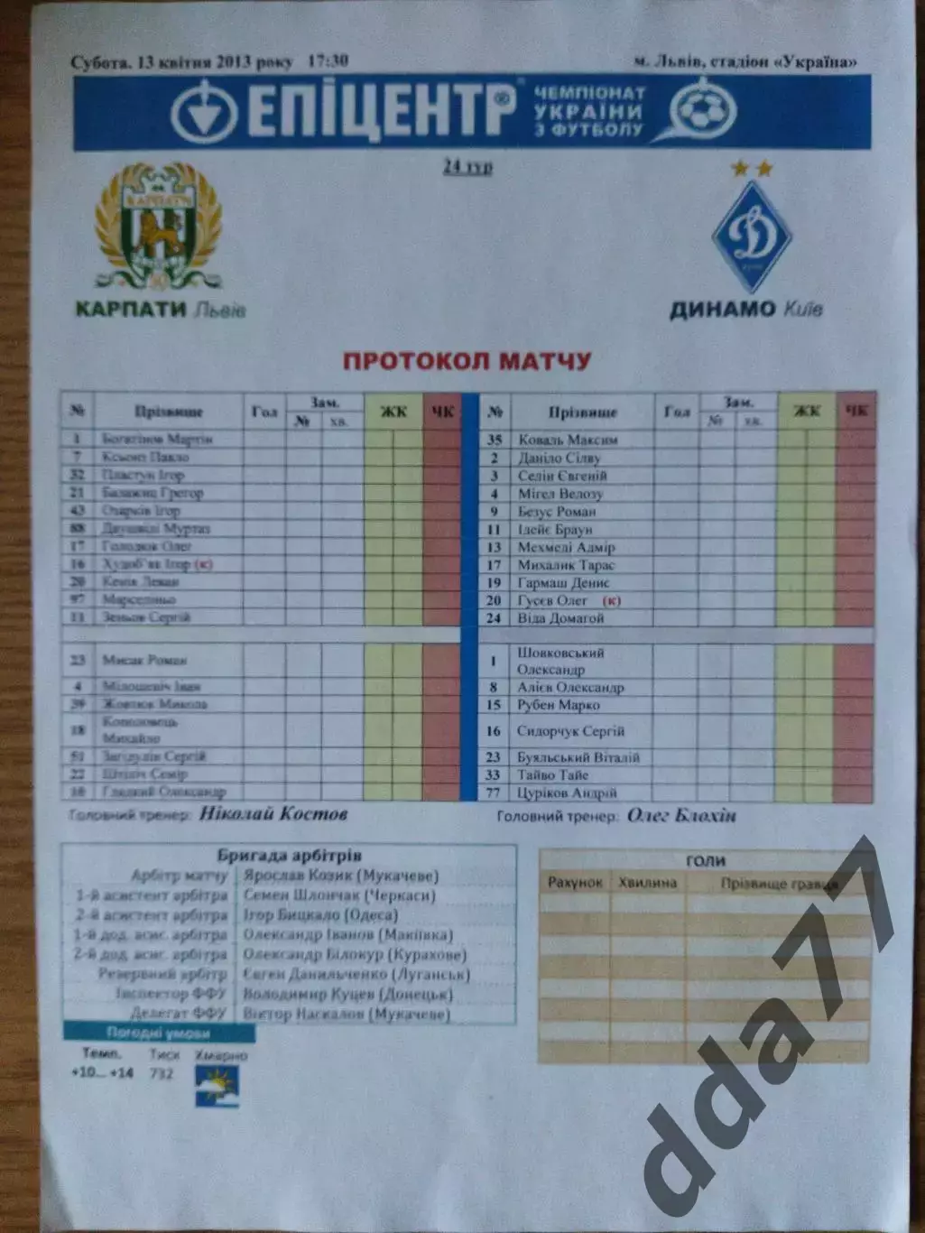копия протокол, Карпаты Львов Динамо Киев 13.04.2013